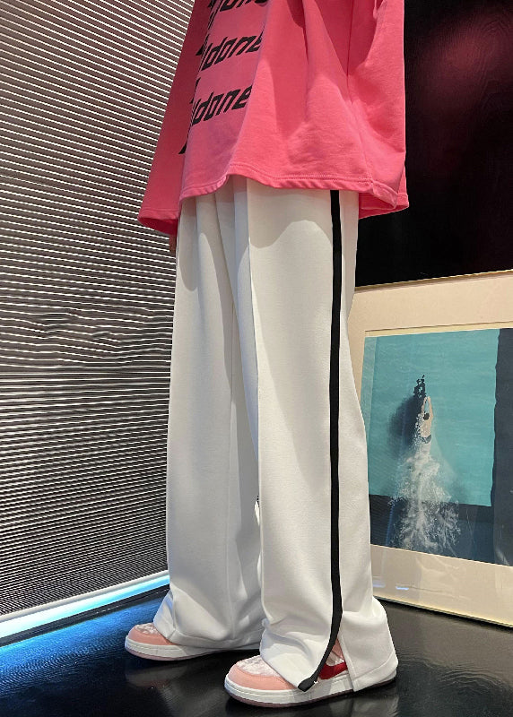 Loose White Pockets Side Open Cotton Straight Pants Fall