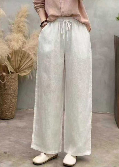 Loose White Pockets Tie Waist Linen Wide Leg Pants Summer