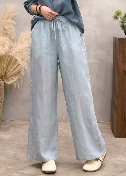Loose White Pockets Tie Waist Linen Wide Leg Pants Summer