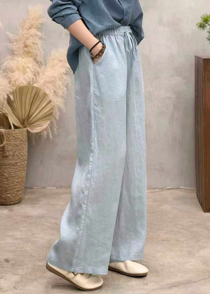 Loose White Pockets Tie Waist Linen Wide Leg Pants Summer