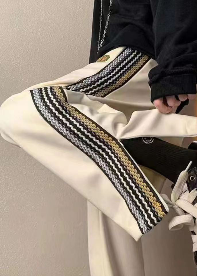 Loose White Pockets Zippered Side Open Cotton Pants Fall
