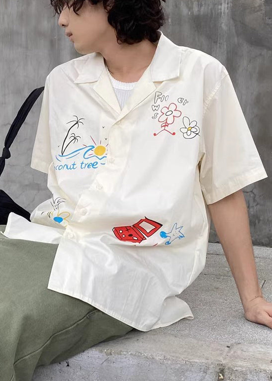 Loose White Print Button Cotton Shirt Summer
