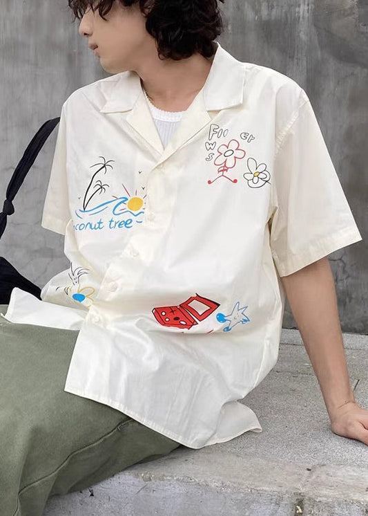 Loose White Print Button Cotton Shirt Summer