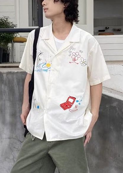 Loose White Print Button Cotton Shirt Summer