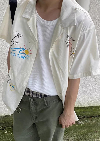 Loose White Print Button Cotton Shirt Summer