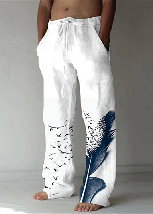 Loose White Print Lace Up Cotton Pants Summer