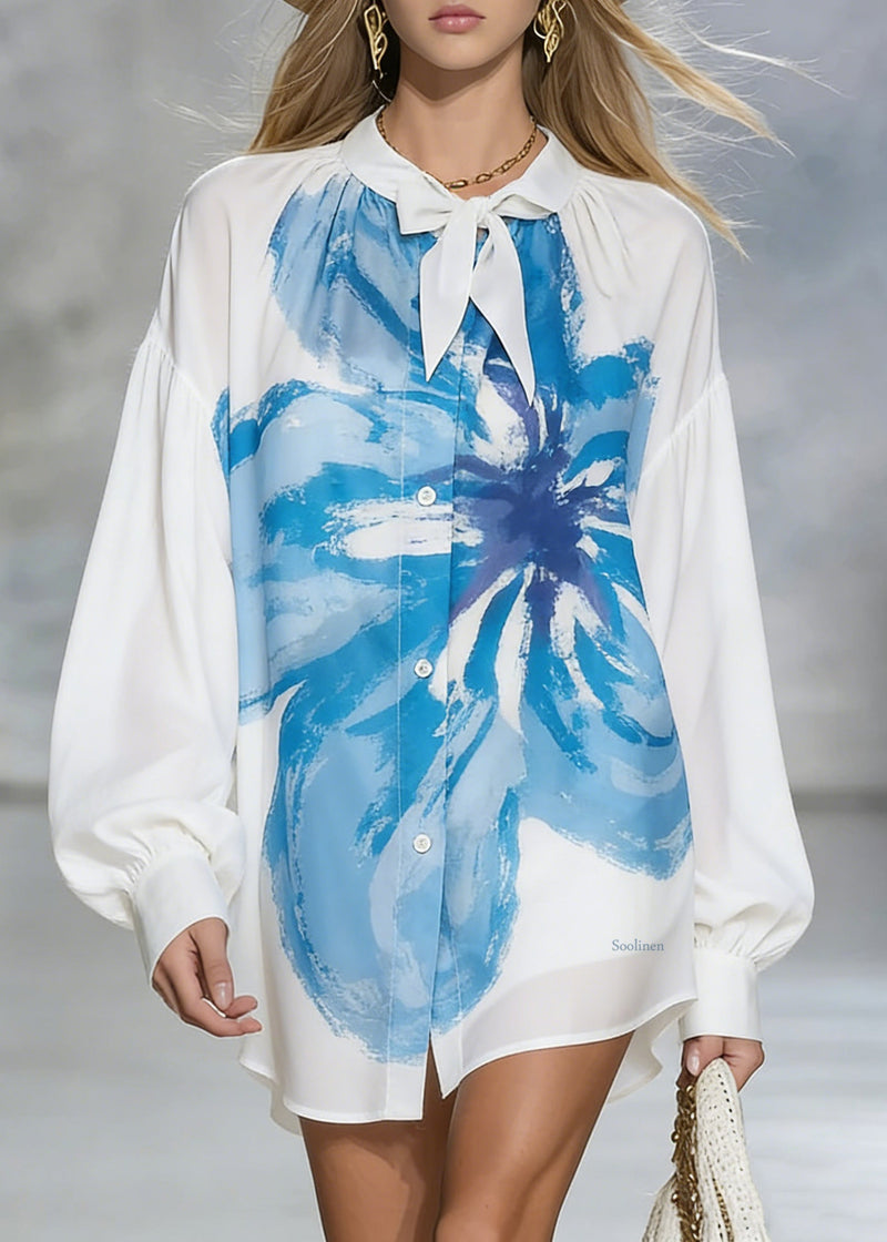 Loose White Print Low High Design Cotton Blouses Spring