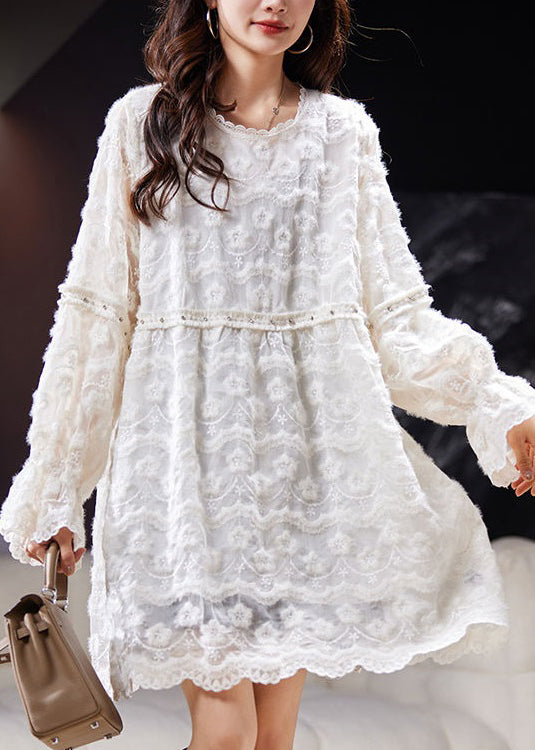 Loose White Embroideried Nail Bead Lace Mid Dress Spring