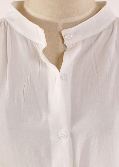 Loose White Stand Button Long Shirts Mid Dress Summer