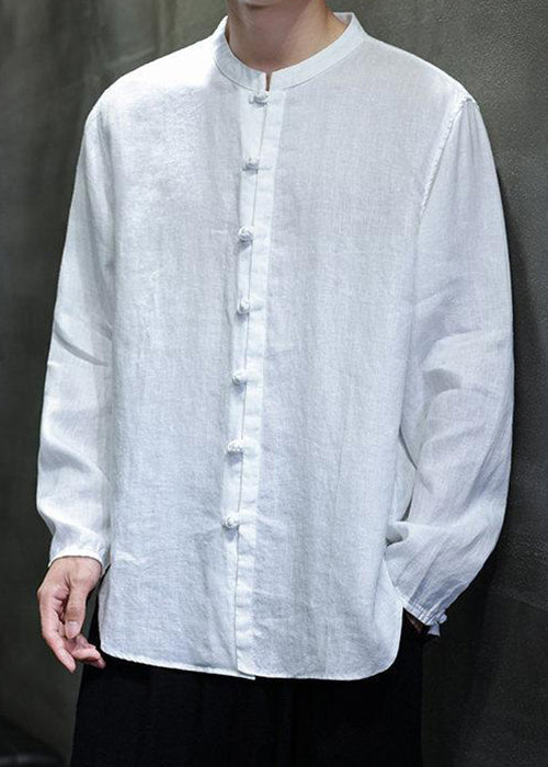 Loose White Stand Collar Chinese Button Linen Men Shirts Fall