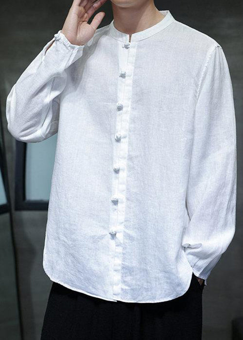 Loose White Stand Collar Chinese Button Linen Shirts Fall