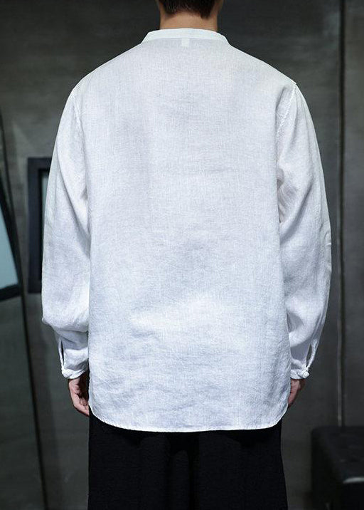 Loose White Stand Collar Chinese Button Linen Men Shirts Fall