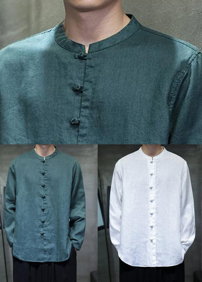 Loose White Stand Collar Chinese Button Linen Shirts Fall