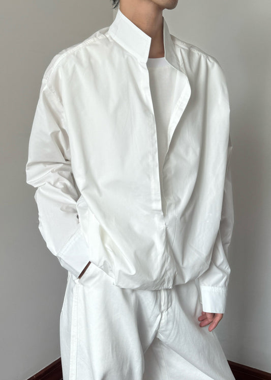 Loose White Stand Collar Solid Cotton Mens Shirts Fall