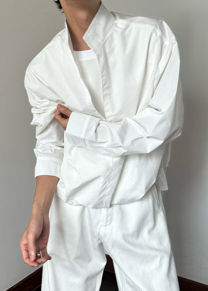 Loose White Stand Collar Solid Cotton Mens Shirts Fall