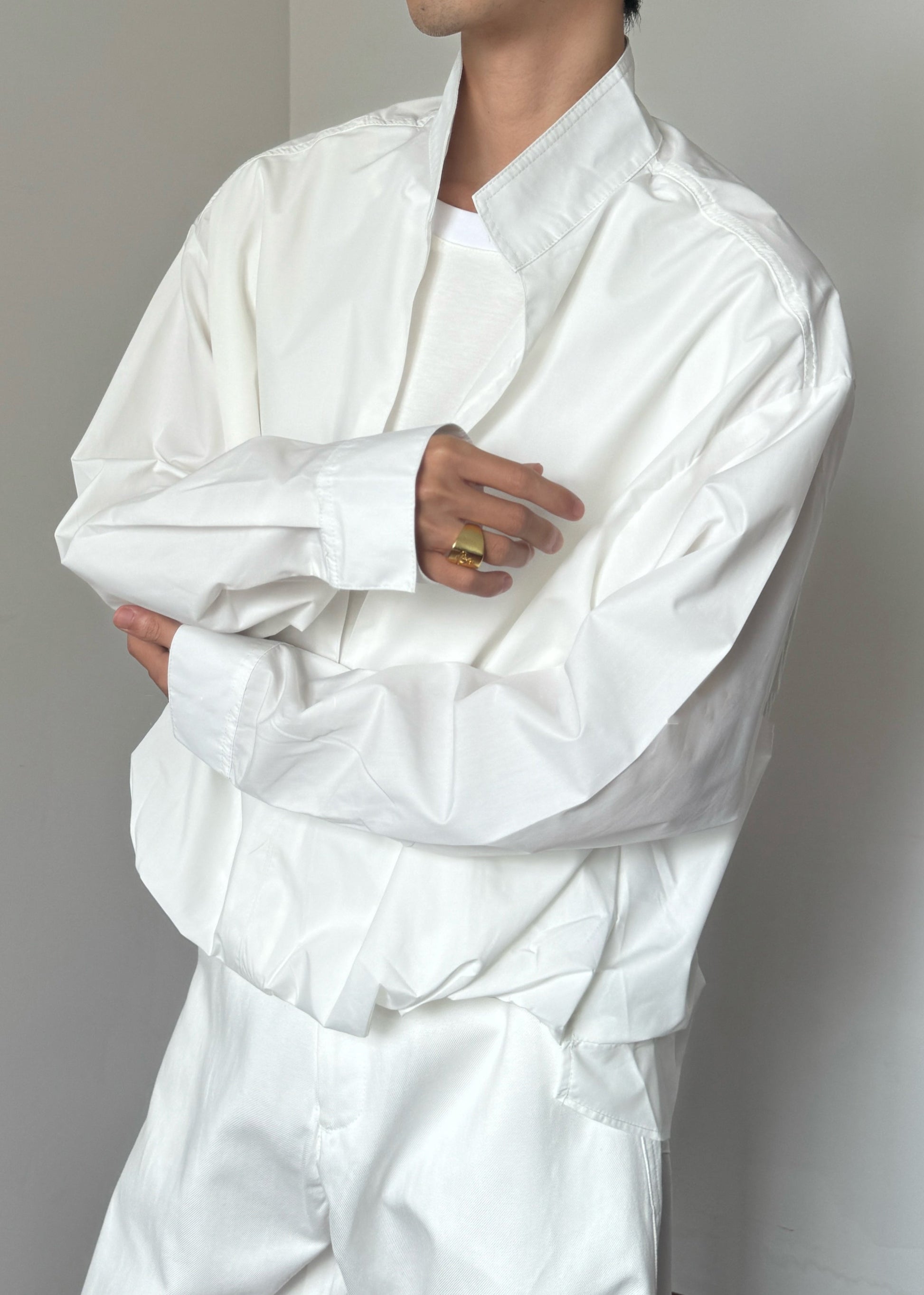 Loose White Stand Collar Solid Cotton Mens Shirts Fall
