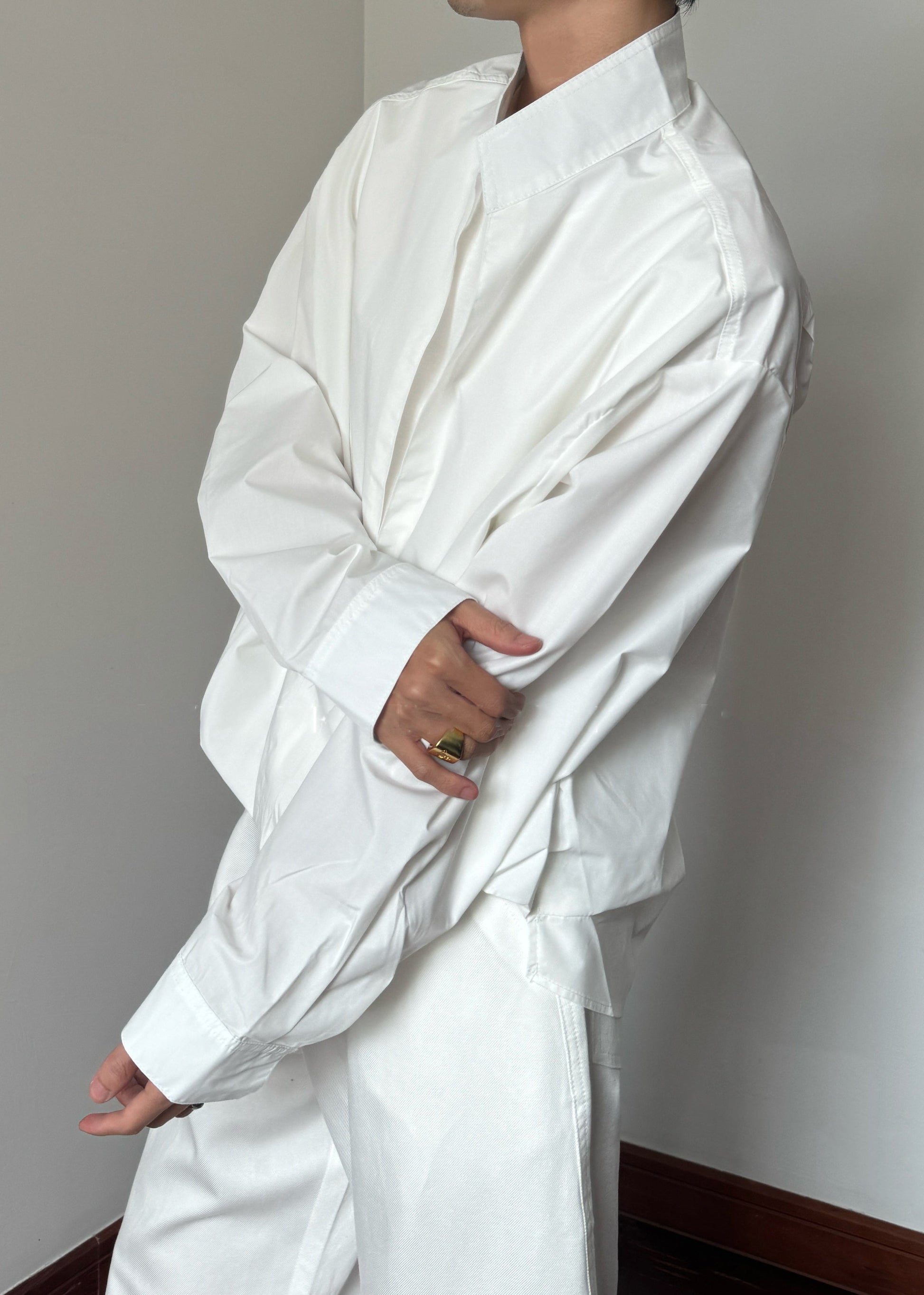 Loose White Stand Collar Solid Cotton Mens Shirts Fall