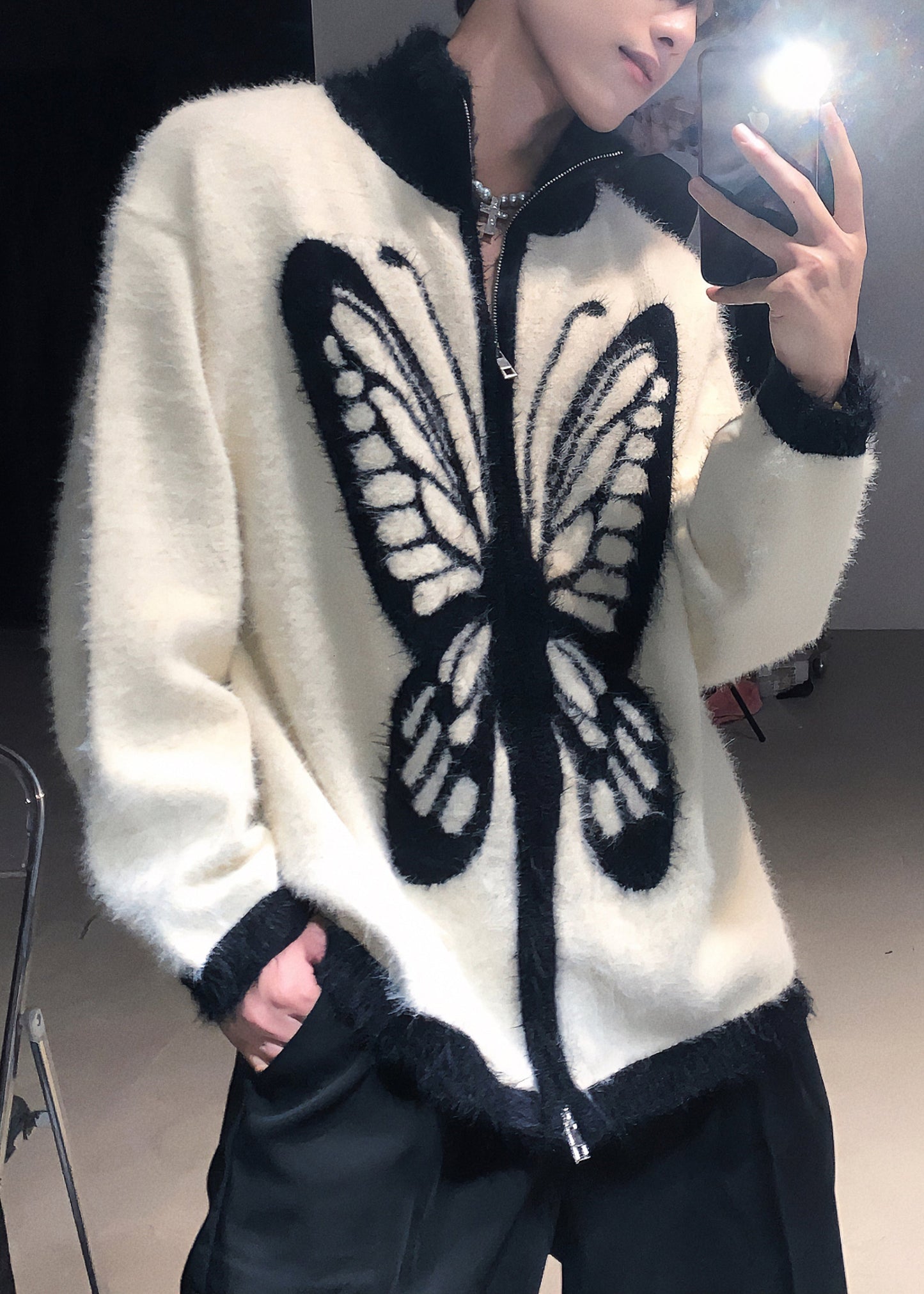 Loose White Stand Collar Zip Up Butterfly Knit Coat Fall