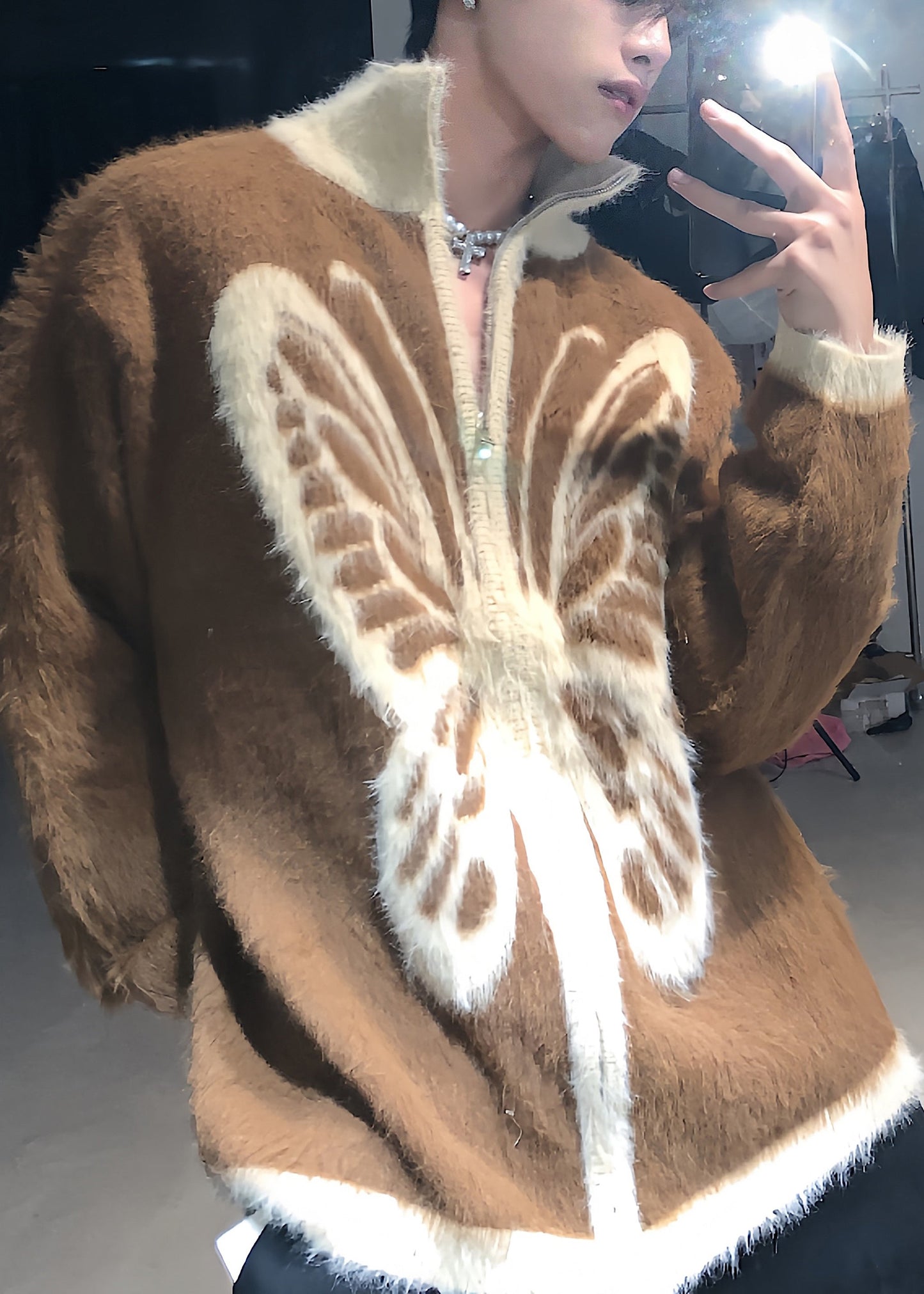 Loose White Stand Collar Zip Up Butterfly Knit Coat Fall