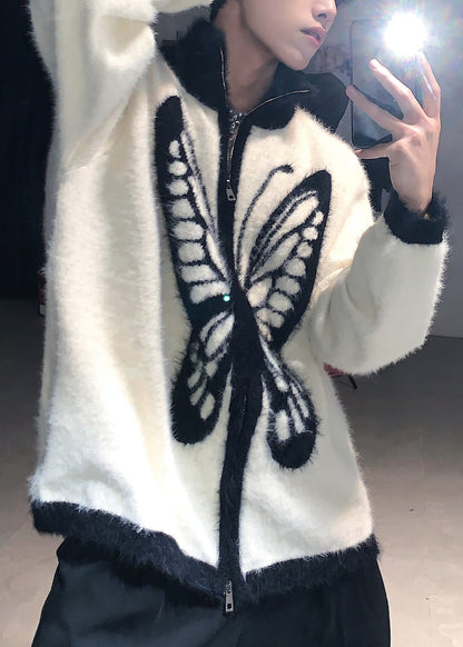 Loose White Stand Collar Zip Up Butterfly Knit Coat Fall