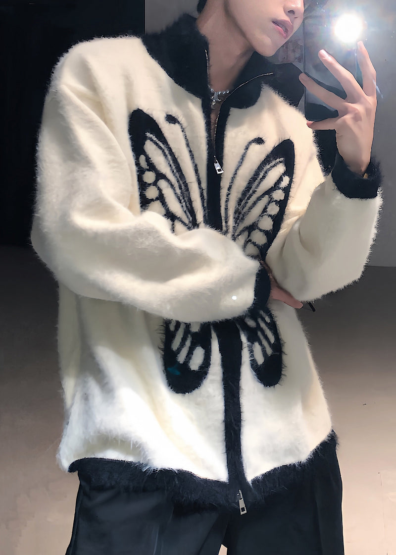 Loose White Stand Collar Zip Up Butterfly Knit Coat Fall