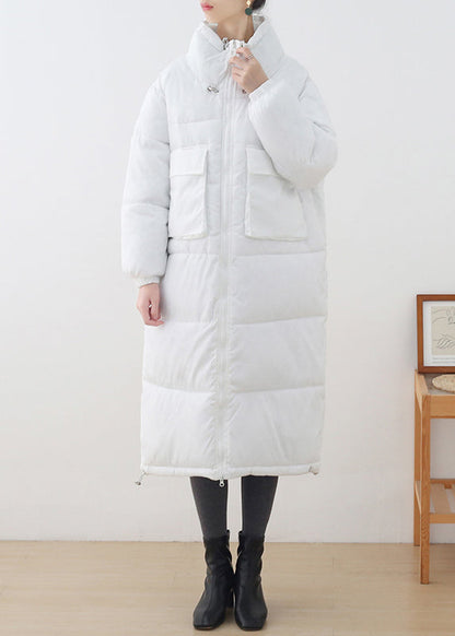 Loose White Stand Collar Zippered Pockets Cotton Parka Long Sleeve