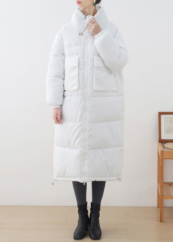 Loose White Stand Collar Zippered Pockets Cotton Parka Long Sleeve