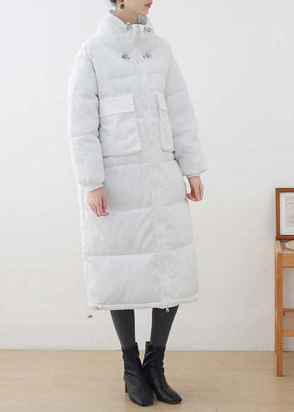 Loose White Stand Collar Zippered Pockets Cotton Parka Long Sleeve