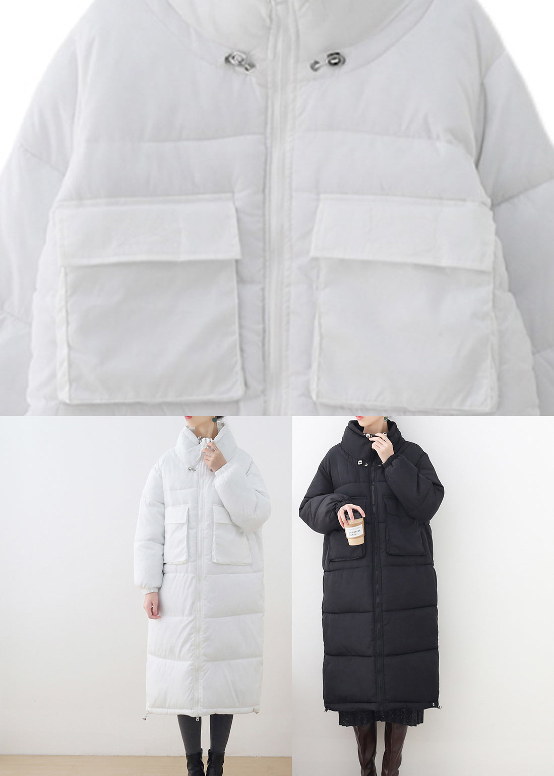 Loose White Stand Collar Zippered Pockets Cotton Parka Long Sleeve