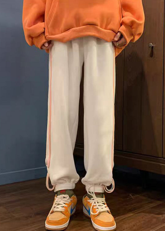Loose White Striped Pockets High Waist Pants Spring