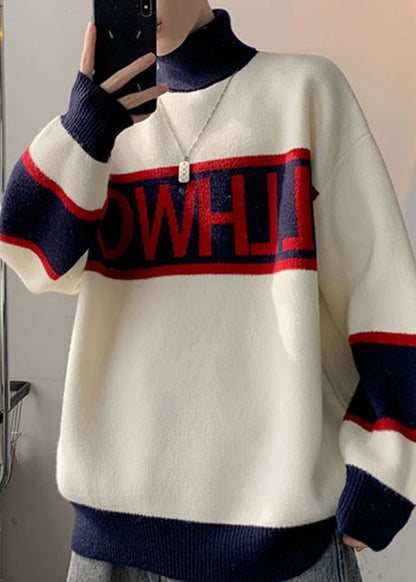 Loose White Turtleneck Letter Patchwork Knit Sweater Winter