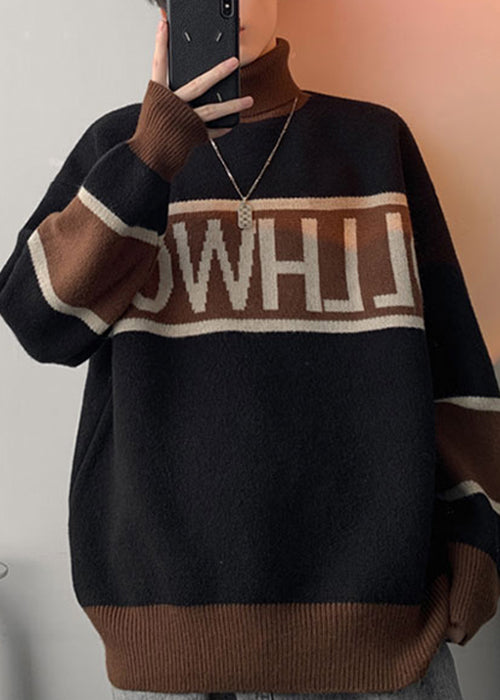 Loose White Turtleneck Letter Patchwork Knit Sweater Winter