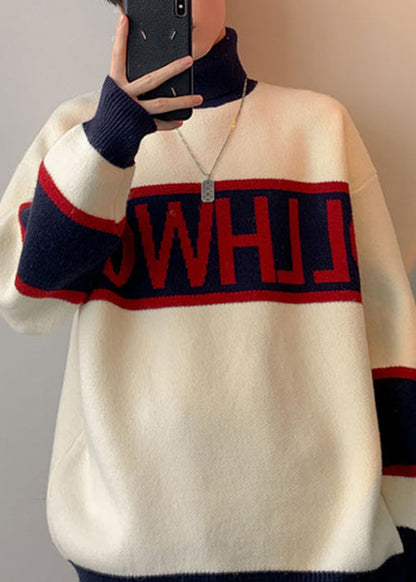 Loose White Turtleneck Letter Patchwork Knit Sweater Winter