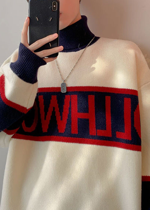 Loose White Turtleneck Letter Patchwork Knit Sweater Winter