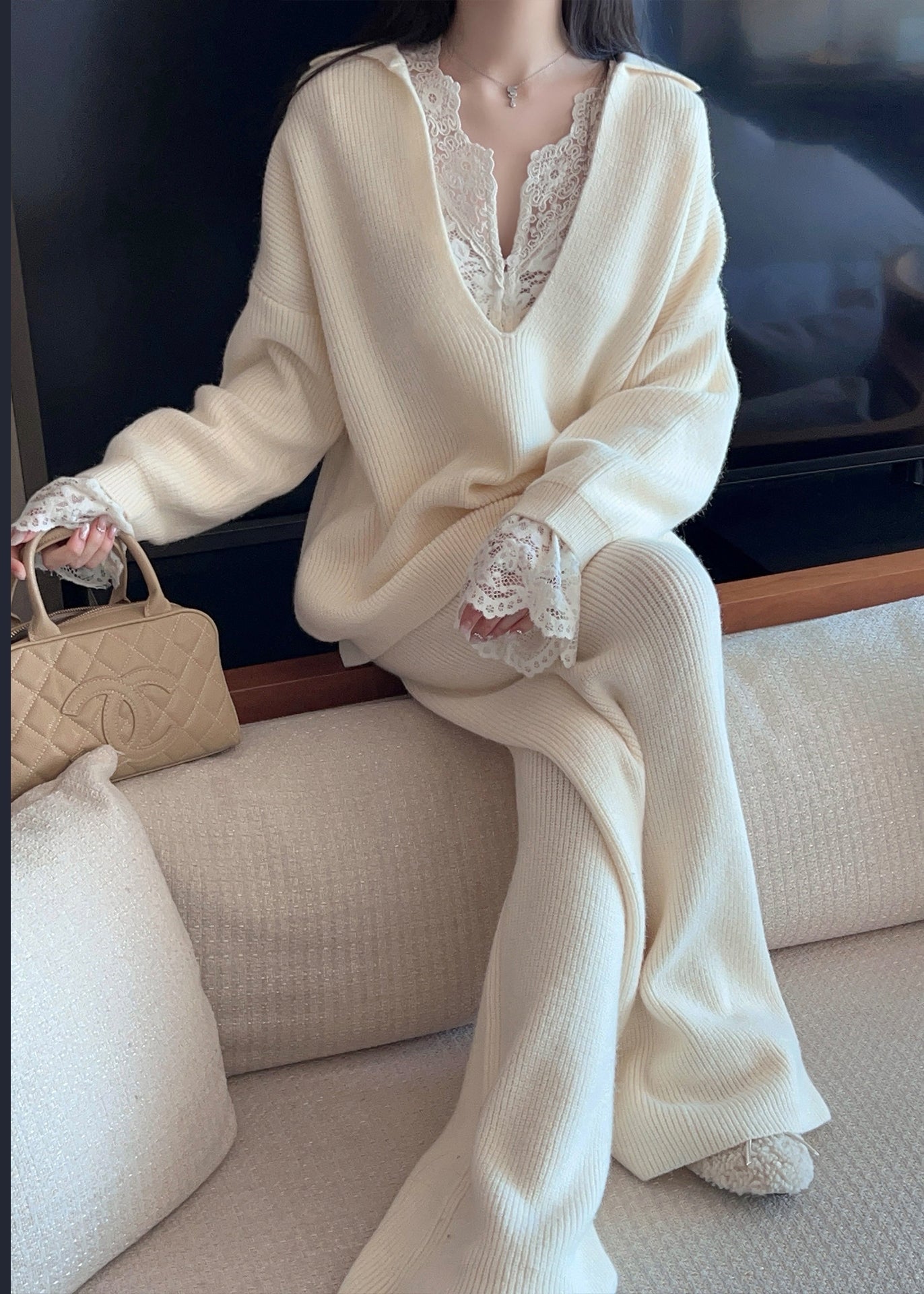 Loose White V Neck Cozy Sweaters and Pants Knit Two Piece Set Fall
