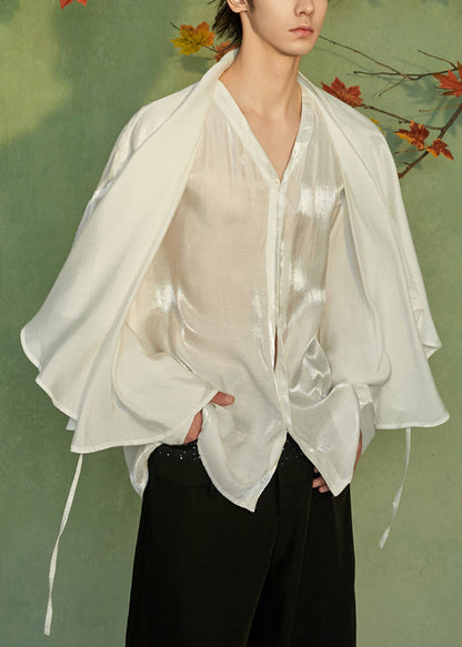 Loose White V Neck Lace Up False Two Pieces Silk Men Shirts Spring