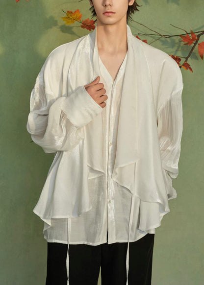 Loose White V Neck Lace Up False Two Pieces Silk Men Shirts Spring