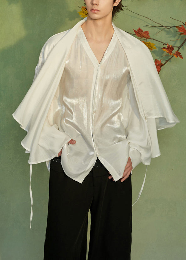 Loose White V Neck Lace Up False Two Pieces Silk Men Shirts Spring