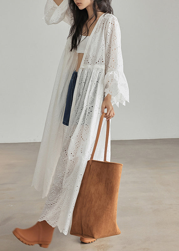 Loose White V Neck Patchwork Hollow Out Cardigans Flare Sleeve