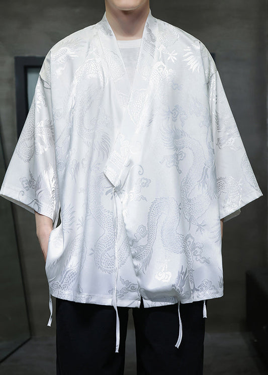 Loose White V Neck Print Lace Up Ice Silk Shirts Bracelet Sleeve