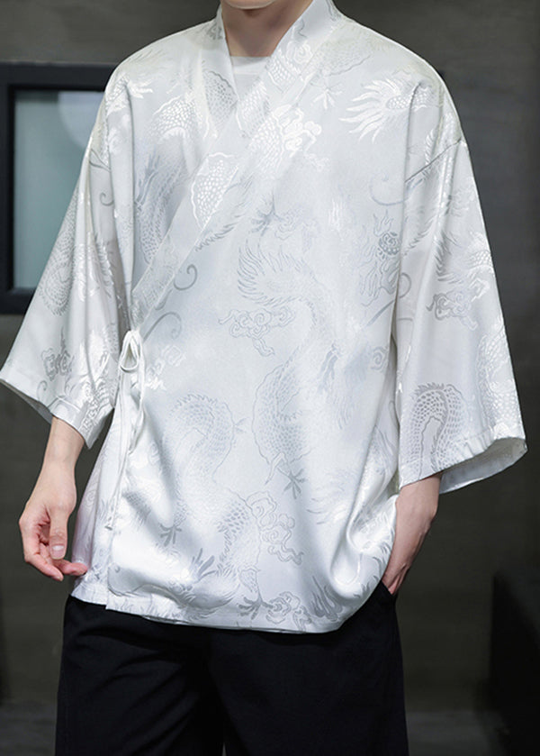 Loose White V Neck Print Lace Up Ice Silk Shirts Bracelet Sleeve