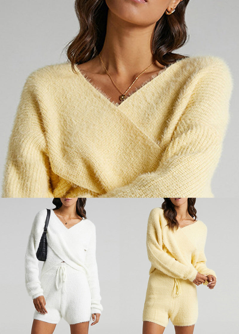 Loose White V Neck Sweaters and Elastic Waist Shorts Knit Two Pieces Set Spring