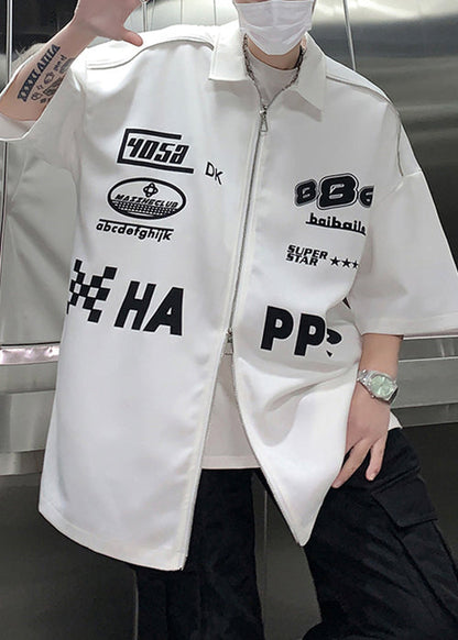 Loose White Zip Up Letter Cotton Shirt Half Sleeve