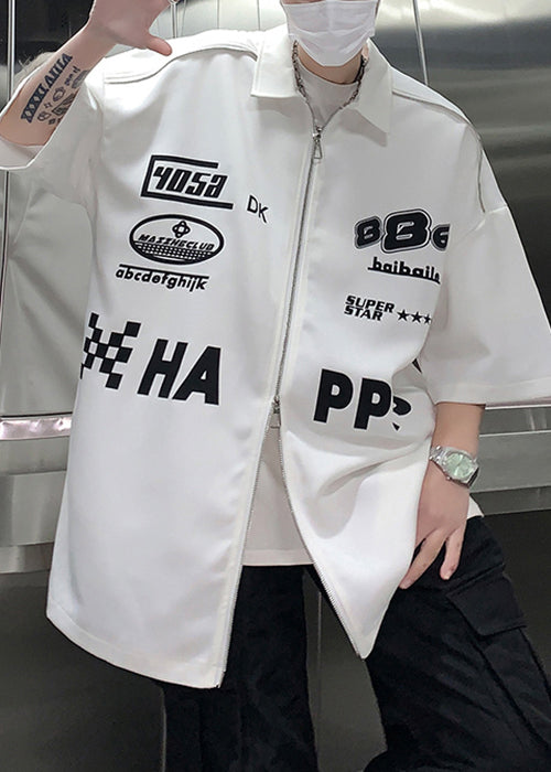 Loose White Zip Up Letter Cotton Shirt Half Sleeve