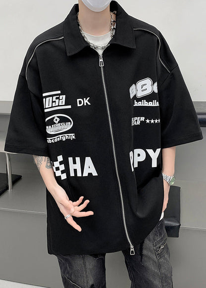 Loose White Zip Up Letter Cotton Shirt Half Sleeve