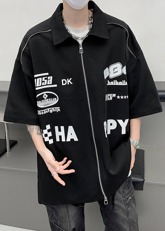 Loose White Zip Up Letter Cotton Shirt Half Sleeve