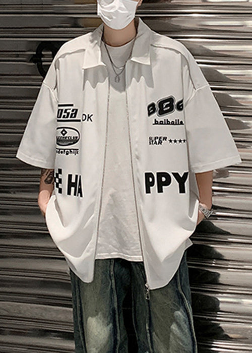 Loose White Zip Up Letter Cotton Shirt Half Sleeve
