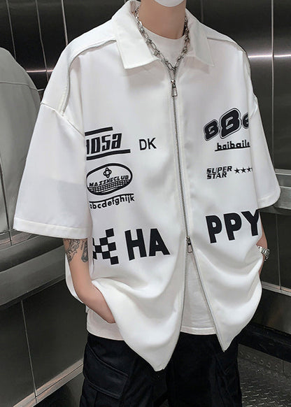 Loose White Zip Up Letter Cotton Shirt Half Sleeve