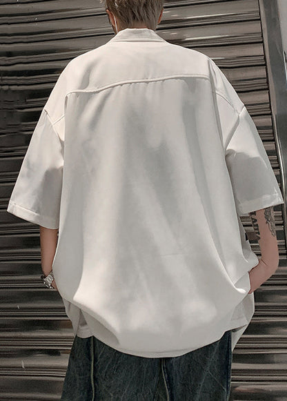 Loose White Zip Up Letter Cotton Shirt Half Sleeve
