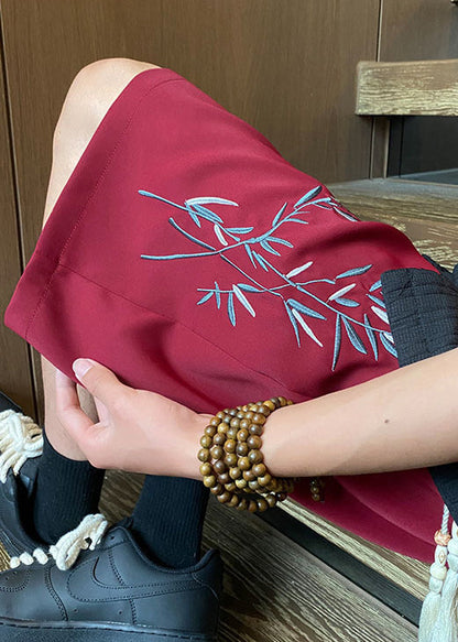 Loose Wine Red Embroideried Cotton Shorts Summer